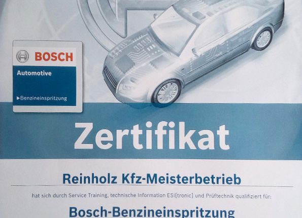 Zertifikat Bosch Benzineinspritzung | kfz-reinholz.de